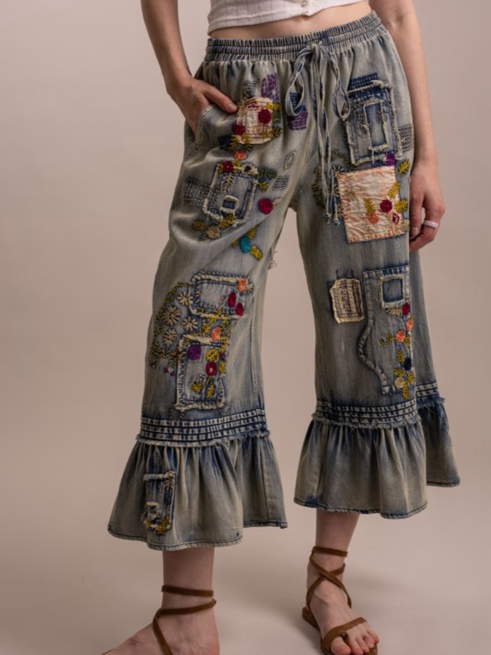 Bluevelvet washed denim embroidered patchwork ruffle bohemian floral pants